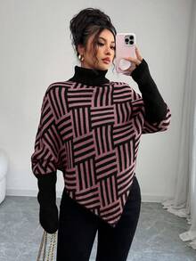 Selianne Women's Elegant High Neck Geometric Textured Poncho Sweater, Colorblock, Suitable For Home & Travel, Spring/Autumn - Pink - View 6