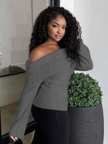 Alexandranx Women's Casual Solid Color Foldover Off Shoulder Pullover Sweater, Autumn - Grey - View 4