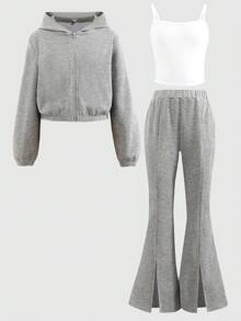 SHEIN Ensemble adolecente minimaliste décontracté : cardigan à capuche, veste courte, débardeur et pantalon évasé - Kaki - Voir 10