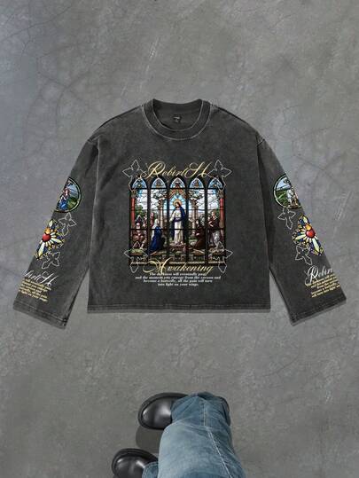 PAVTROS Manfinity Streetrush Casual Loose Fit Crew Neck Long Sleeve T-Shirt For Men, Suitable For Daily Wear Graphic Long Sleeve Men S Cropped Graphic Shirts Religious Shirt Christian Shirt, For Fall