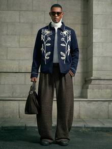 AKNOTIC 男士时尚钩针单排扣长袖羽绒服，秋冬款 - 藍色 - 查看 3