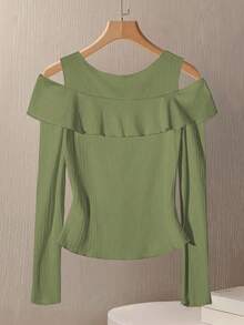 Qadelle Women's Elegant Commuter Solid Color Off-Shoulder Button Front T-Shirt - Army Green - View 2