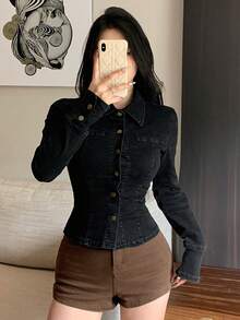 DAZY Women Single-Breasted Casual Denim Tight Top With Long Sleeves, Autumn,Jeans Jacket,Fall Women Clothes - Black - View 8