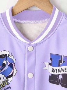 Tween Girls' Casual Color Block Cartoon Letter Print Jacket, Autumn - Purple - View 4