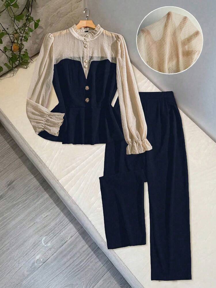 SHEIN Clasi Plus Size Women Sheer Panel Ruffle Collar Belted Long Sleeve Elegant Versatile Blouse + Solid Loose Pants Lightweight French Style Commute & Date 2 Piece Set - Navy Blue - View 1