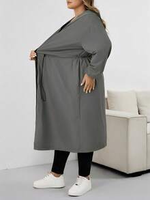 SHEIN CURVE+ Women's Solid Drawstring Hooded Waterproof Long Sleeve Trench Coat Plus Size Hooded Jacket Plus Size Raincoat Curve Fall Jacket 8xl Women Clothes Plus Size Olive Green Jacketfall Clothes For Women,Winter,CURVE PLUS Autumn/Autumn /Winter