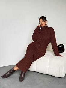 Firerie 女士纯色休闲圆领毛衣裙中长款毛衣裙毛衣裙女士高领连衣裙粗针织连衣裙针织裙秋冬 - 咖啡棕 - 查看 3