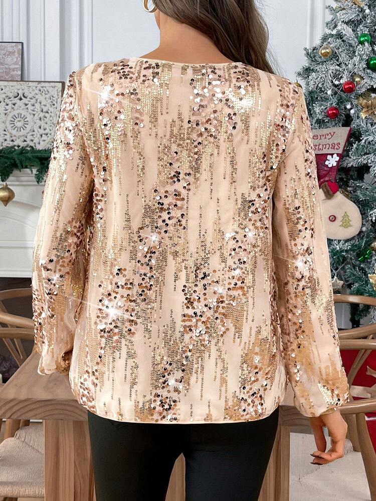 Women's Solid Color Sequin Decor Round Neck Lantern Sleeve Elegant Fashion Blouse Lantern Sleeve Blouse Sequin Top Glitter Top Elegant Blouses For Women Elegant Blouses For Party Elegant Women's Blouses Elegant Blouses For Women New Year Clothes