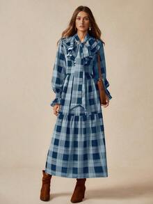 SHEIN Unity 女士休闲格子荷叶边长袖连衣裙，适合度假浪漫场合 - 藍白色 - 查看 3