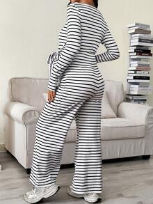 SHEIN Autumn And Winter Maternity Striped Round Neck Long Sleeve Knotted Waist Wide Leg Casual Jumpsuit Maternity Rompers Maternity Jumpsuits For Woman Modest Two Piece Set Pregnancy Clothes Maternity 2 Piece Set