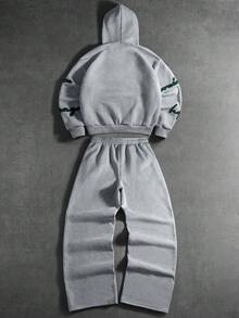 PAVTROS Men's Letter Flocking Hoodie And Sweatpants Set, Winter - Grey - View 4