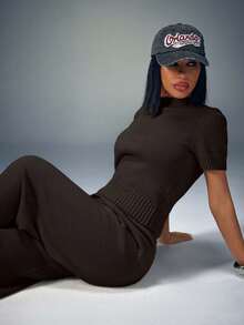 CasuGlow Women Comfy Cozy Drawstring Knit Top And Knit Short 2pcs Two Pieces Set - Chocolate Brown - View 5