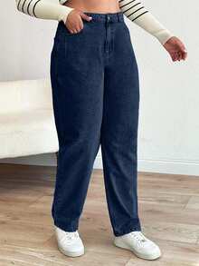 SHEIN Cottnline Mom Fit Plus Jeans With Snow Wash, - Royal Blue - View 4