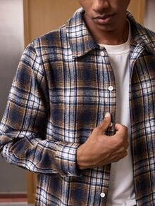 SWAVVY Camisa de vestir de manga larga con diseño de cuadros minimalista y casual para hombres - Marrón - View 5