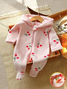 SHEIN Vintaside Kids Newborn Simple Stylish Cute Polka Dot Long Sleeve Hooded Fleece Romper Pajamas - Baby Pink - View 3