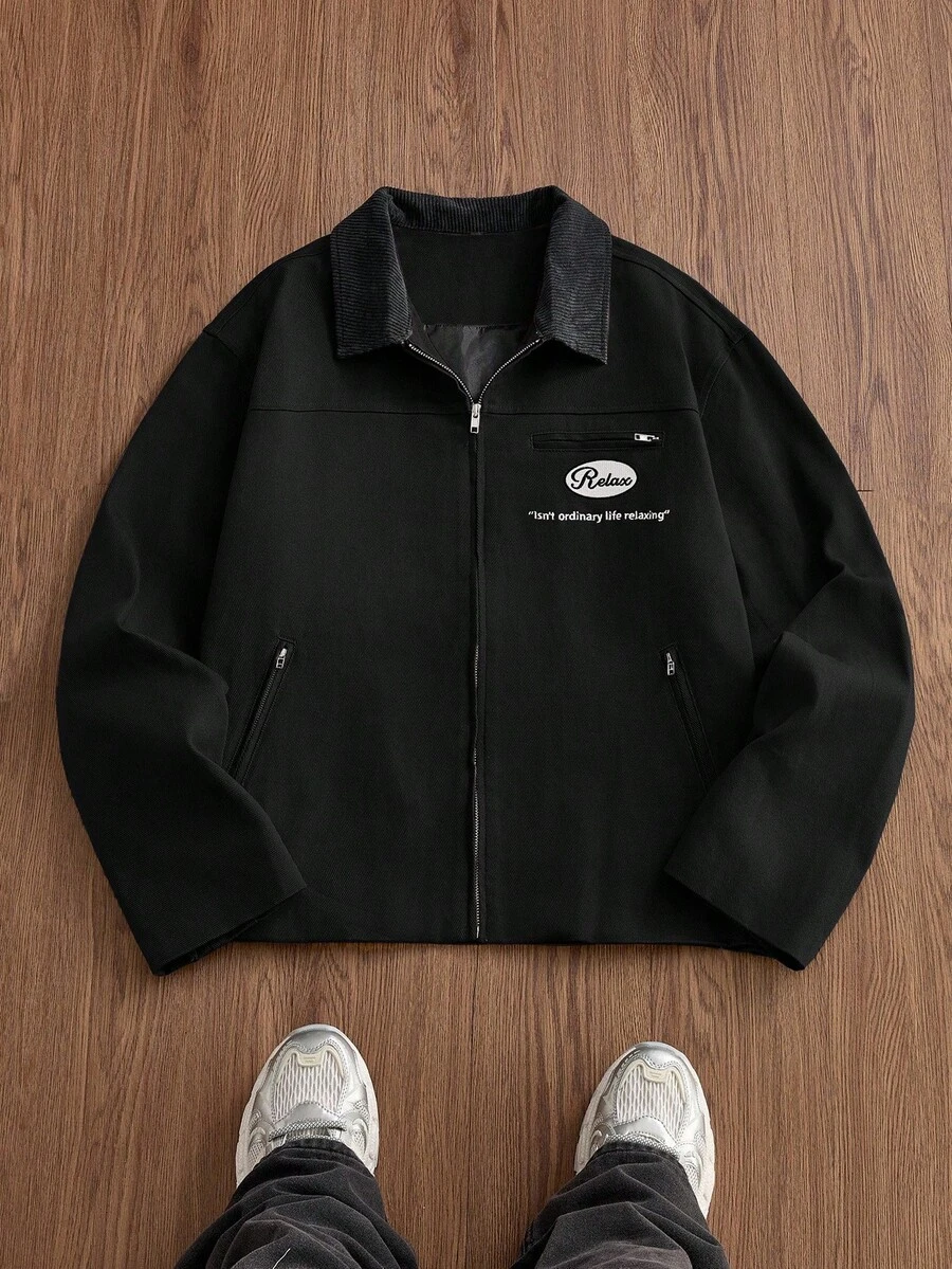 SWAVVY 标准尺寸男士时尚刺绣拼布长袖夹克 - 黑色 - 查看 1