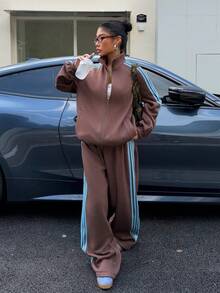 Muchica 女士休闲宽松两件套，撞色缎带饰边，保暖衬里，秋冬 - 棕色 - 查看 1