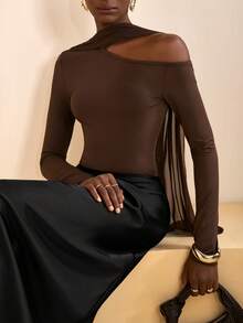 Zivah 2025 Autumn/Winter New Music Festival, Easter, St. Patrick's Day, Halloween, Christmas, Valentine's Day, Date, Western, Nomadic, Commute, Brunch, Airport, Party, Holiday Asymmetric-Shoulder Mesh Flowy T-Shirt, Slim Fit, Brown - Brown - View 8