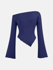 SHEIN Girlism 少女休闲两件套，浅灰色褶皱长袖修身针织上衣搭配喇叭裤，适合居家、户外、旅行、机场等场合，日常休闲穿着。蓝色套装，蓝色全套服装。 - 藏蓝色 - 查看 8