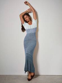 COSMINA Women's Wavy Striped Round Neck Short Sleeve Fitted Knit Dress - Blue - View 5