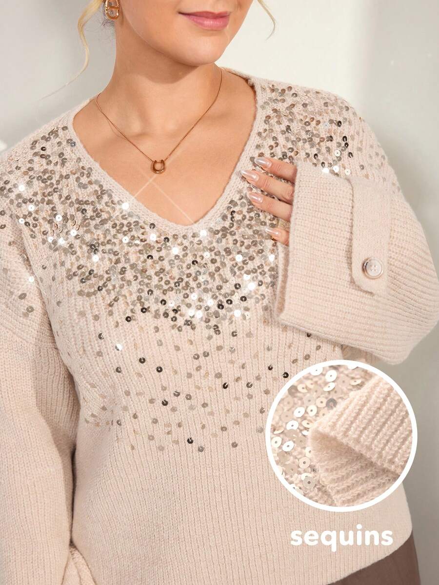 Momelise Áo len dệt kim đính cườm cổ chữ V thanh lịch dành cho nữ thiết kế mới, thời trang và tinh tế - Lạc đà - Xem 1