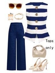 Ellevyn Chaqueta abierta con botones dorados de cuello redondo sin mangas a rayas negras y blancas para mujer, ropa de mujer para primavera/verano, otoño/invierno, ropa casual de negocios, ropa de maestra, ropa de otoño, atuendos de vacaciones, ropa casual de negocios para mujer