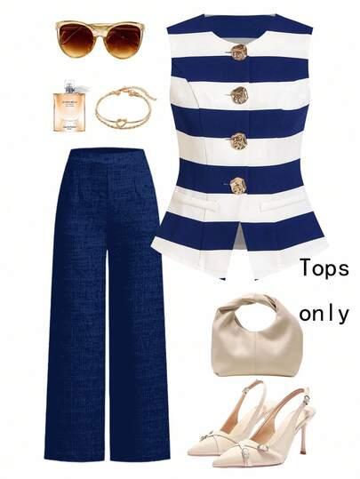 Ellevyn Chaqueta abierta con botones dorados de cuello redondo sin mangas a rayas negras y blancas para mujer, ropa de mujer para primavera/verano, otoño/invierno, ropa casual de negocios, ropa de maestra, ropa de otoño, atuendos de vacaciones, ropa casual de negocios para mujer