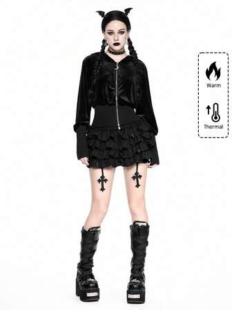 Damen Gothic Hexenhut Crop Samt Sweatshirt