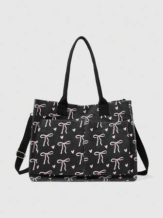 Kawaii Sac fourre-tout en velours côtelé noir spacieux pour femmes - Sac à main convertible à nœud et imprimé floral pour porter en bandoulière/à l'épaule, sacs fourre-tout pour femmes, essentiels pour le collège