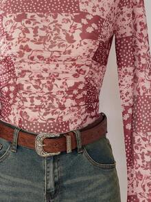 LanaWest Women's Western Ditsy Floral Knit Mesh Long Sleeve Fitted Top - Coffee Brown - View 4