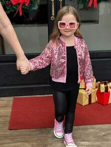 Young Girl Pink Ribbed Stand Collar Zip-Up Jacket With Full Sequins Embellishment, Long Sleeve, Ribbed Cuffs And Hetic & Elegant, Autumn/Winter