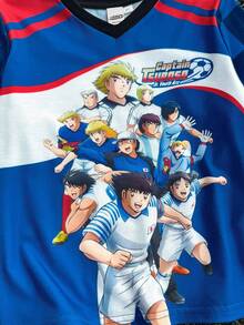 Captain Tsubasa X SHEIN 年轻男孩酷炫运动足球运动员图案撞色棋盘格宽松长袖 T 恤 - 藍色 - 查看 4