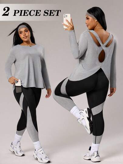 Rhythm Era Plus Size Solid Color Hollow Out Top & Contrast Color Splice Leggings Sports Suit Plus Active Wear Set Curve Workout Clothes
