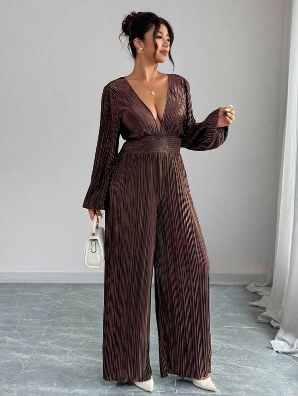 Elenzga Plus Size Women Elegant Pleated Long Sleeve Straight Leg Jumpsuit, Suitable For Commuting And Work