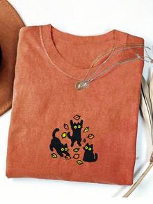 INAWLY Plus Size Cartoon Cat Print Round Neck Casual Short Sleeve T-Shirt - Orange - View 3