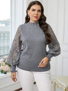 Modelyn Plus Size Pearl Decor Hollow Out Long Sleeve Pullover Sweater/Winter - Beige - View 5