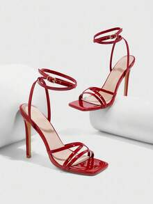 CUCCOO SZL 女士时尚闪亮漆皮红色绑带踝带方头细高跟凉鞋，适合通勤、约会、派对、度假、婚礼 - 紅色 - 查看 4