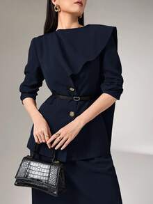 Heiryn Conjunto de dos piezas para mujer con blazer de diseño con botones delanteros de unicolor y falda con bajo dividido en color marrón para otoño/invierno - Azul Marino - Ver 3
