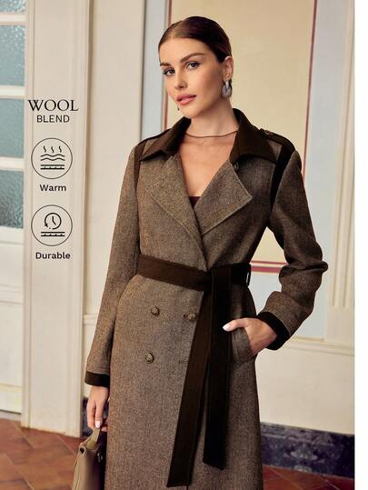 ZEYLAH Women's Fashion Double-Breasted Waist Belt Camel Overcoat Fall /Winter Clothes Tweed Coat Long Coat For Women