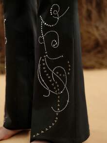 Aveloria Women's Twill Cotton-Blend Trousers, Regular Waistband With Rhinestone Embellishments At The Hem, Casual Everyday Style, Long Flared Trousers Black Pants    Party Pants - Black - View 2