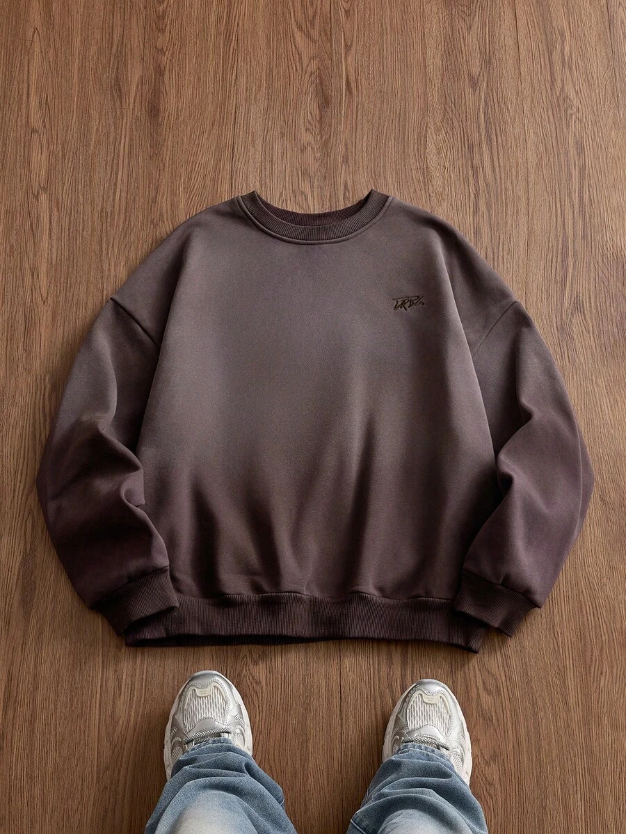 SWAVVY Men's Casual Pullover Sweatshirt, Round Neck Brown Washed Letter Embroidered Sweatshirt, Autumn/Winter, Long Sleeve Top - Brown - View 1