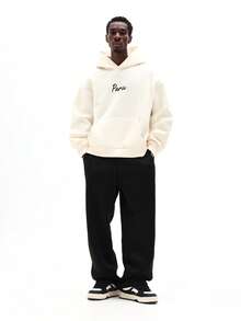 Sudadera con capucha regular de SUMWON con estampado de texto de París y bolsillo central para uso casual y urbano, lisa - Beis - Ver 4