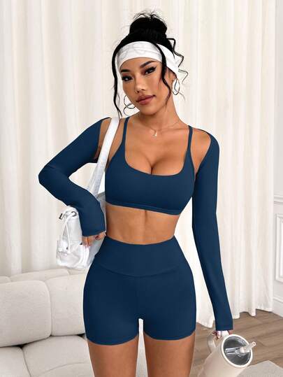 Slayform 3PCS Women's Fashion Casual Super Short Sleeve Shrug, Spaghetti Strap Criss-Cross Back Sports Bra And Tight Shorts 3 Pieces Set Navy Blue Workout Set Long Sleeve Workout Set Blue 3 Piece Set