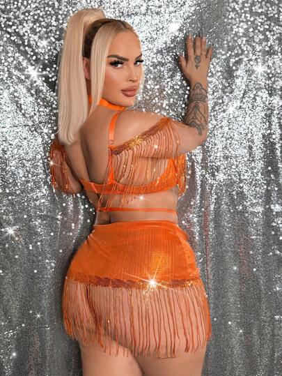 MidnightGlam 4 Stücke Set: Pailletten-Quaste gepolstertes Top & Bodycon Rock SeGroße Größenöße Dessous