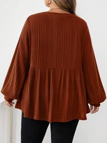 SHEIN CURVE+ 大码女式休闲罗纹荷叶边下摆T恤，秋冬/秋冬 - 橘色 - 查看 2