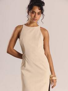 MUSERA Vestido largo de ante con cuello de piloto, tirantes finos, espalda con recorte, para uso casual, salidas, sexy, diario, noche, lindo, otoño, primavera, verano, elegante - Beis - Ver 6