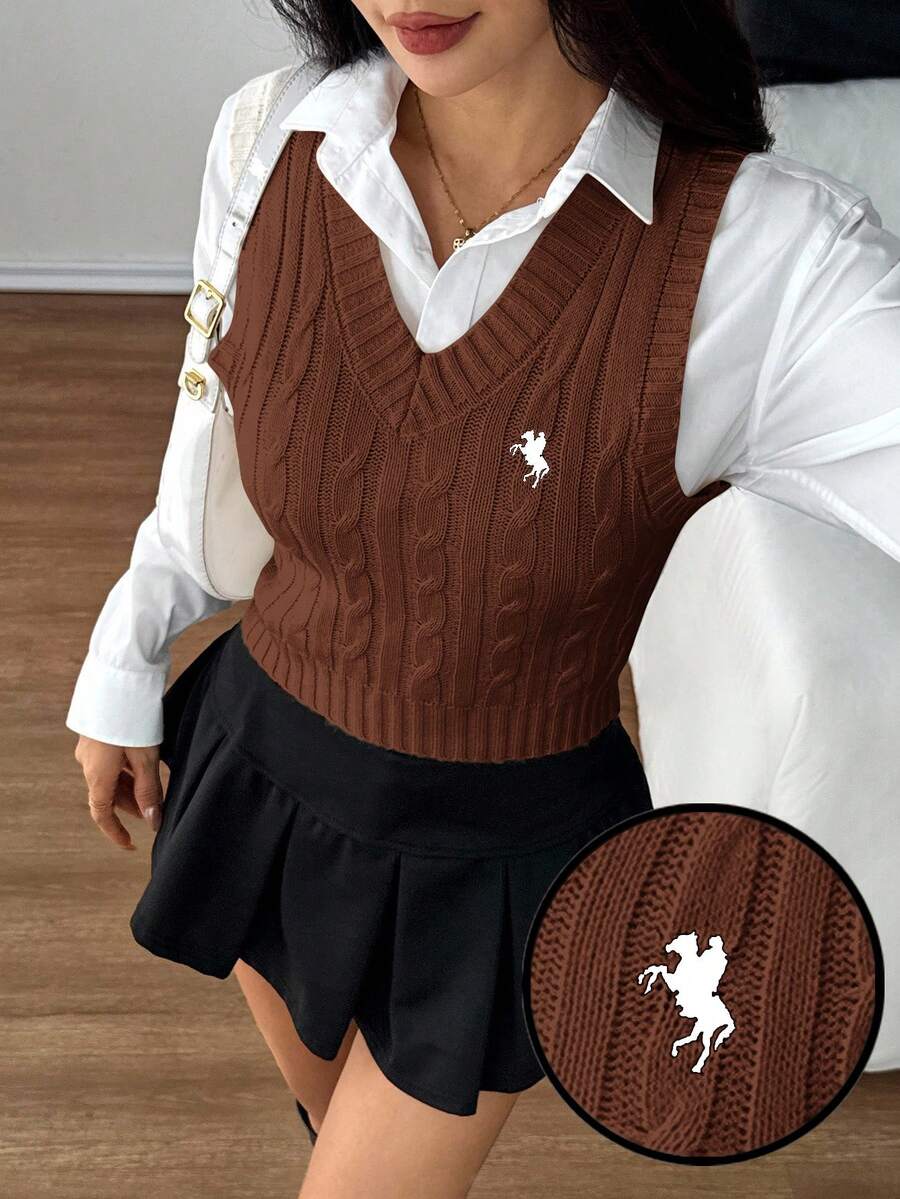 SHEIN PETITE Women's Casual Versatile Commuting Knit Vest,Fall,Fall Clothes For Women - Coffee Brown - View 1