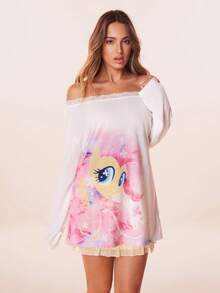 My Little Pony X SHEIN Women's Casual Cute Cartoon Print Off Shoulder Contrast Lace Loose Long Sleeve T-Shirt, Suitable For Spring, Summer, Autumn Anime Women Clothing Off The Shoulder Long Sleeve - White - View 6