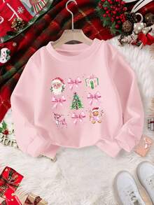Young Girl Pink Santa Claus Bow Sweatshirt,Holiday Ribbon Family Matching Long Sleeve Crew Neck Top - Multicolor - View 4