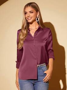 Amorya Damen elegante einfarbige Acetat-Satin Kragen Langarm Bluse - Korallenrosa - Übersicht 5
